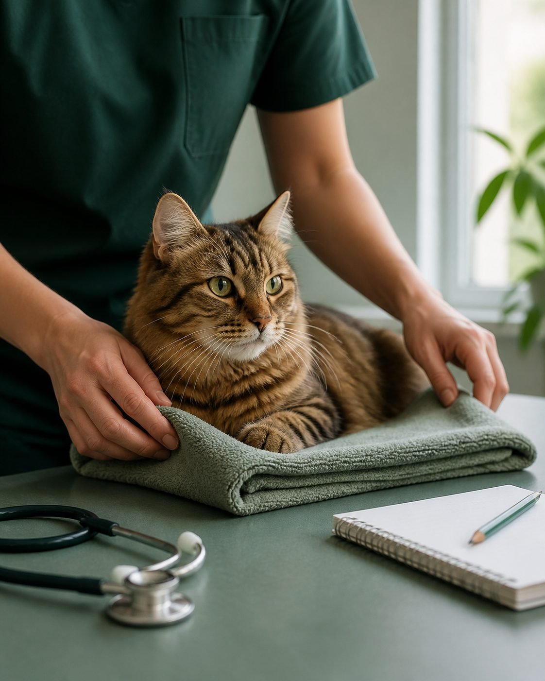 Gato tranquilo sobre una manta durante la preparación de una evaluación