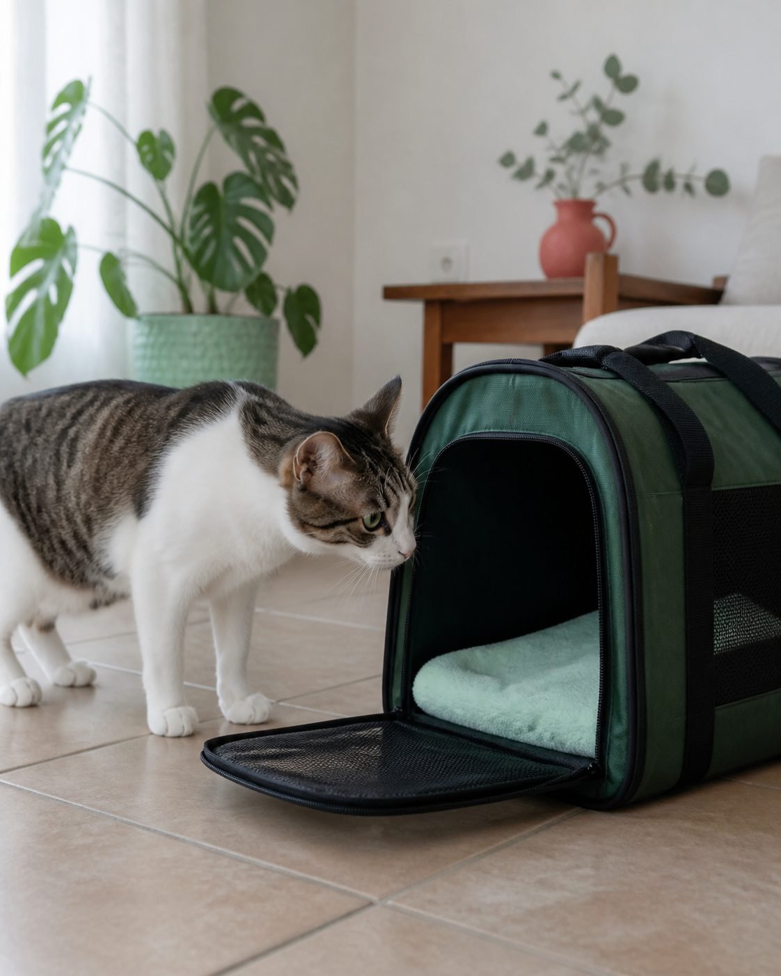 Gato tranquilo junto a una transportadora abierta