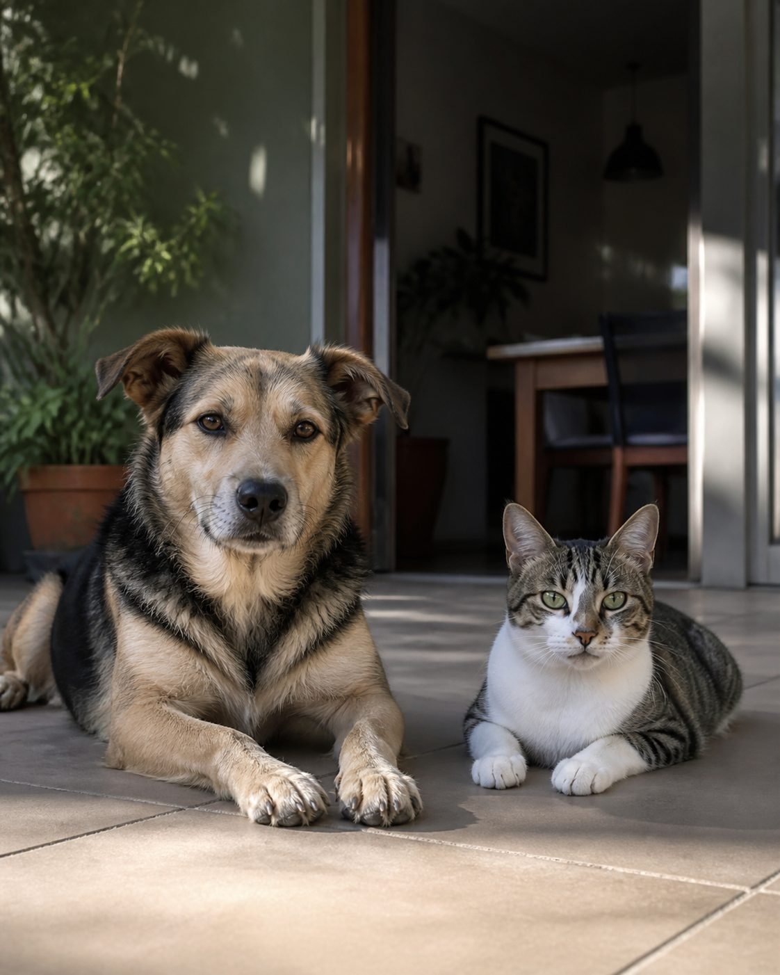 Perro y gato tranquilos juntos en un patio de hogar paraguayo