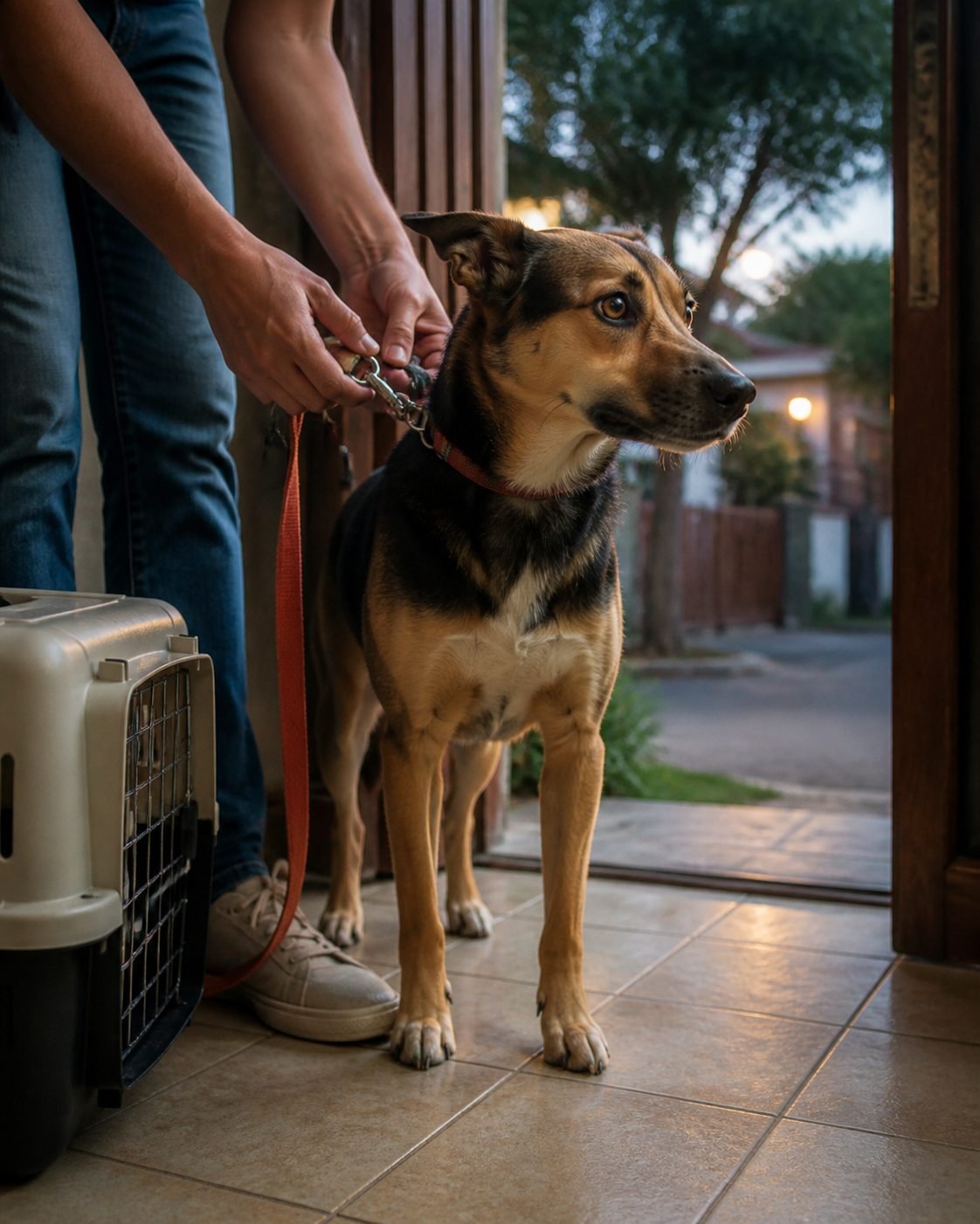 Persona colocando la correa a un perro para trasladarlo de forma segura